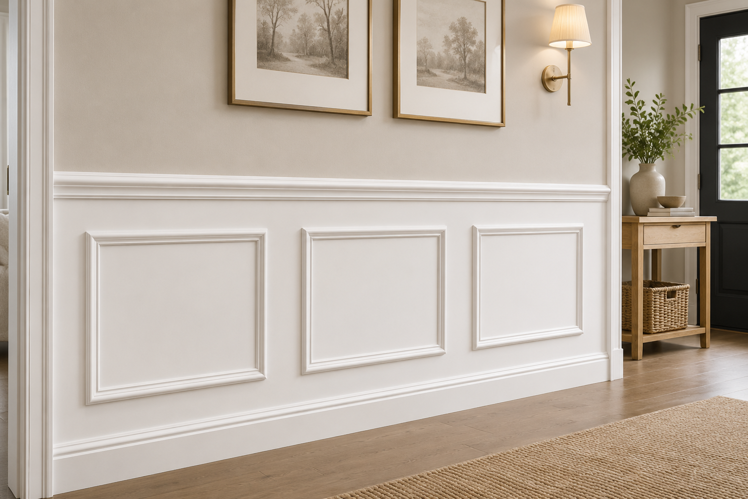 White decorative wall paneling with a three-panel lower section and matching crown molding, shown in a styled interior with framed art, a wall sconce, a side table, and wood flooring.