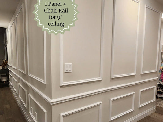 Wall Molding Kit- Wall Trim Accent Wall- Wainscoting- Box Paneling- Polyurethane Molding- 9' Ceiling- 1 Panel and Chair Rail